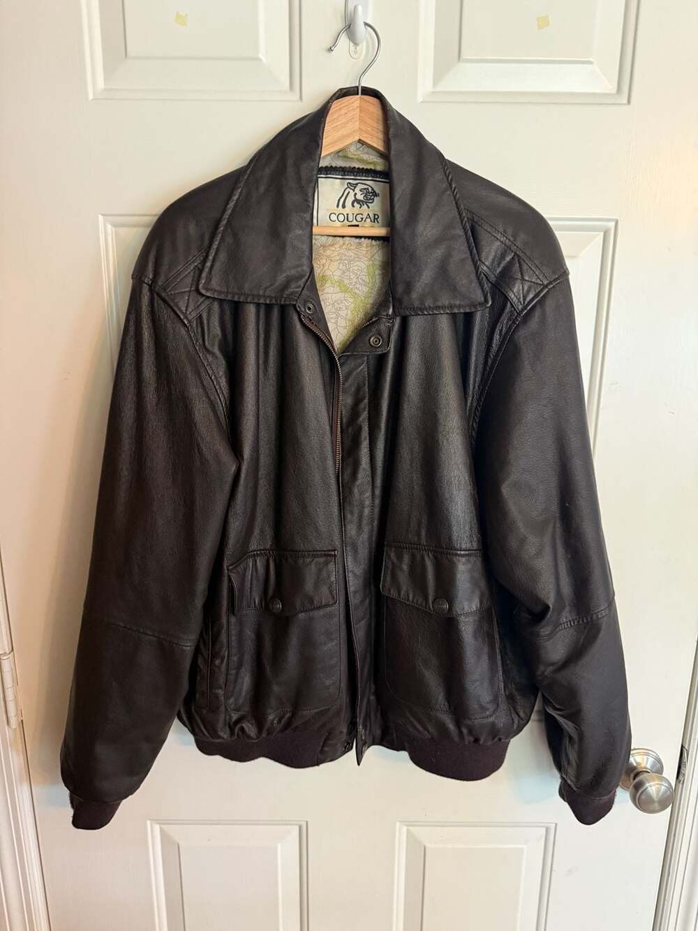 Cougar Leather Bomber Jacket Dark Brown Map Lining